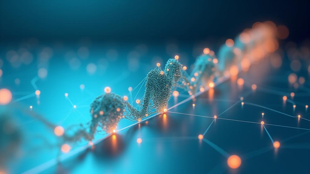 Abstract timeline graphic with interconnected dots and lines, representing growth and future vision.