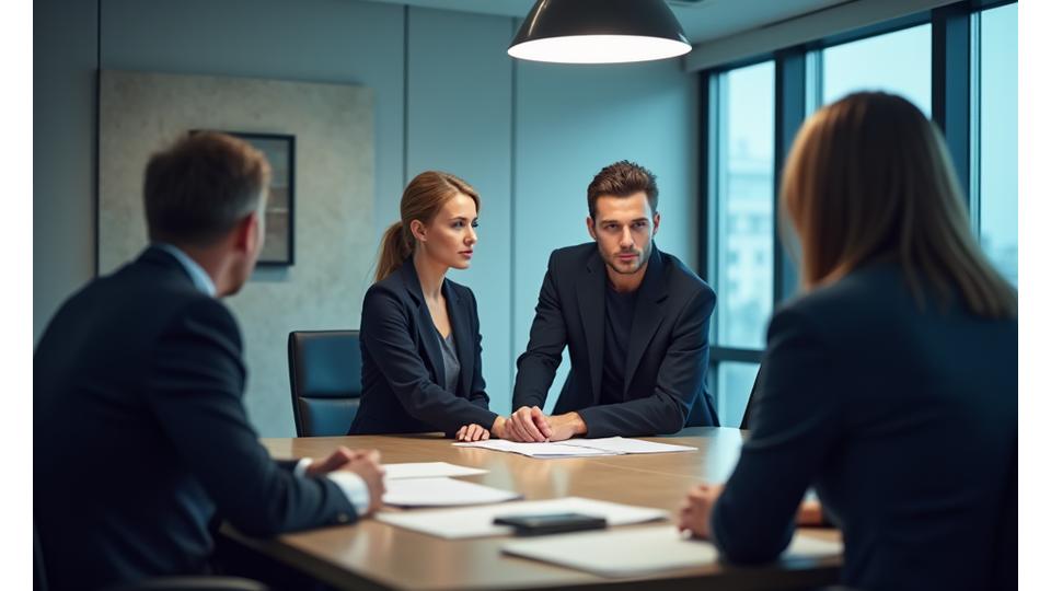 Professionals in a conference room reviewing documents with a government official, depicting a calm and prepared audit defense.
