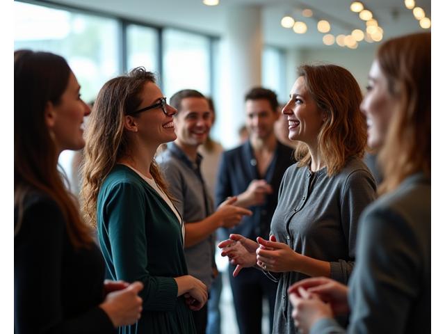 A diverse group of professionals connecting and networking in a vibrant, modern setting.