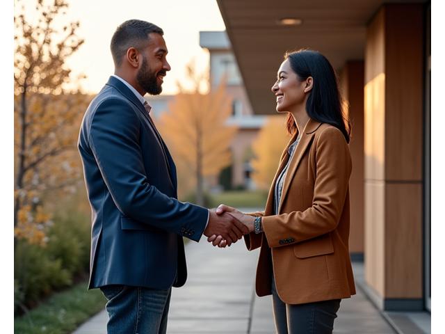 Two Indigenous business leaders shaking hands in front of a modern building, symbolizing partnership and growth.