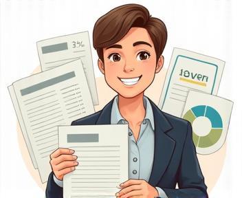 Illustration of a successful business owner smiling, holding an approval letter, with professional graphs and financial reports in the background.