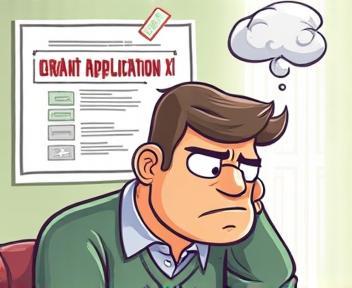 Illustration of a frustrated business owner looking at a rejected grant application with basic, unclear financial data.