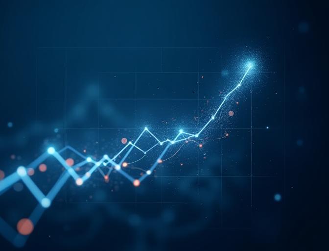 Abstract visualization of financial growth and data analysis, with upward trending lines and interconnected data points, signifying professional financial modeling and public funding success.