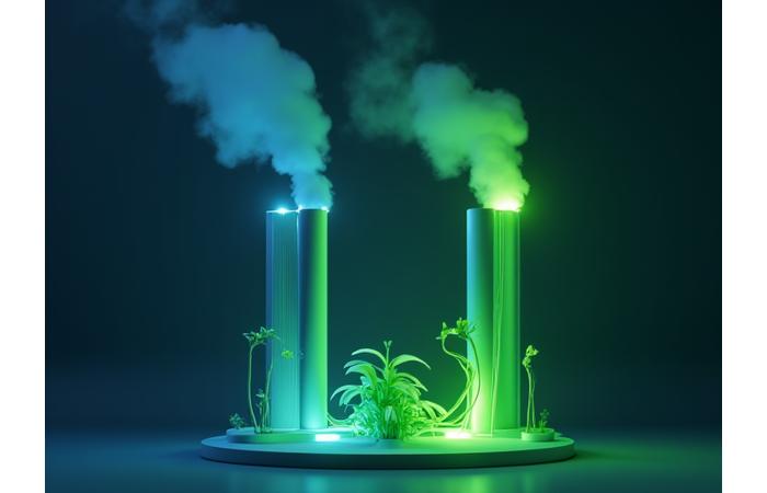 Abstract representation of diminishing carbon emissions, with green arrows curving downwards from smokestacks towards a vibrant plant, symbolizing effective carbon reduction and climate action.