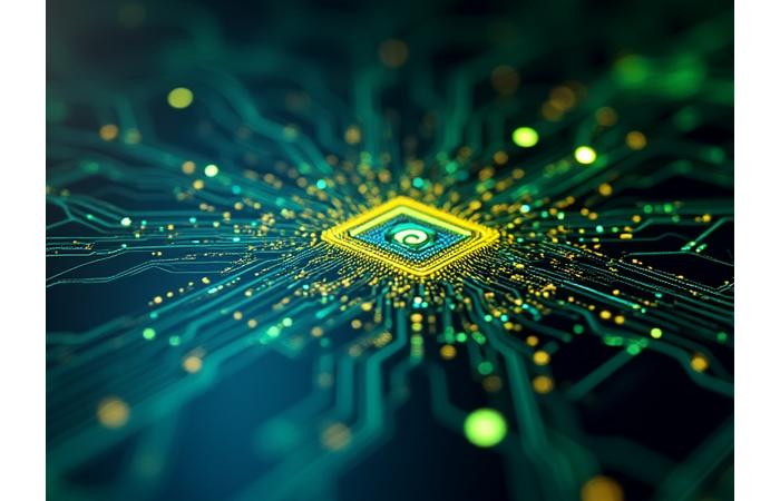 Close-up on a modern, sleek circuit board with glowing green lines, symbolizing advanced clean technology and innovation linked to investment opportunities and grants.