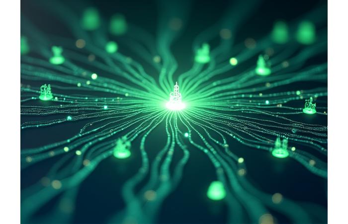 Complex yet organized network of funding pathways represented by glowing lines connecting different sustainable projects like bio-domes, wind farms, and smart cities, emphasizing comprehensive access to Canadian environmental grants.