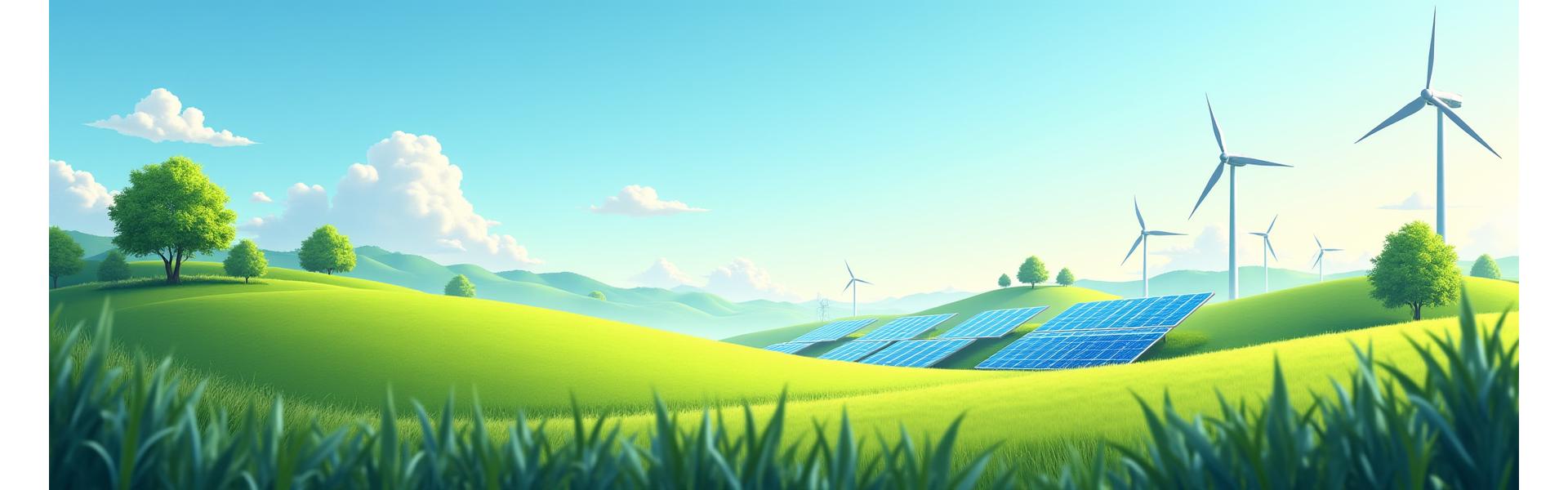Panoramic view of a vibrant, healthy ecosystem blending modern renewable energy infrastructure like solar panels and wind turbines with lush nature, symbolizing sustainability and growth.