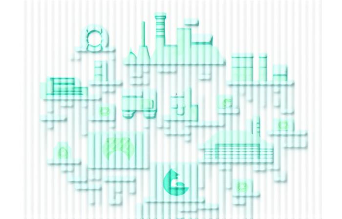 A diverse collage of industrial icons (factory, truck, farm, building, hotel) each subtly integrated with green leaves or glowing sustainability symbols, representing tailored green funding across various sectors.