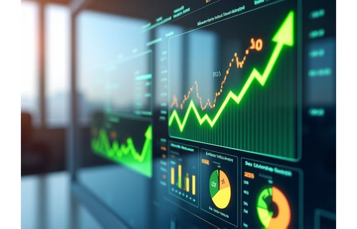 A sleek digital dashboard displaying financial charts and sustainability metrics side-by-side, with a prominent 'ROI' graph showing upward trajectory, illustrating the profitable integration of green initiatives.