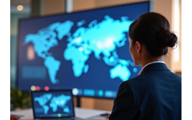 Business professional in a global office setting, engaging in a video conference