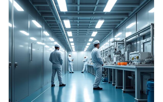 Modern factory floor with advanced robotics and clean energy components