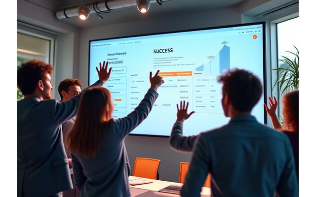Software developers celebrating success in a modern office