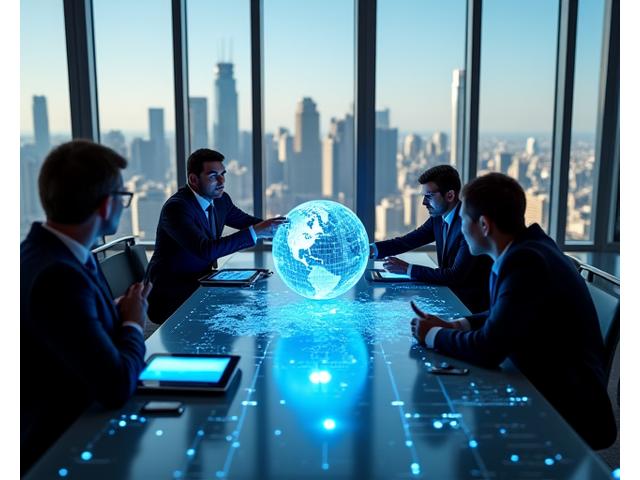 Global business team reviewing international market data with world map overlay