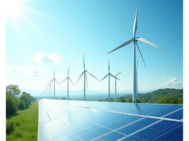 Wind turbines and solar panels against a clean sky, symbolizing renewable energy