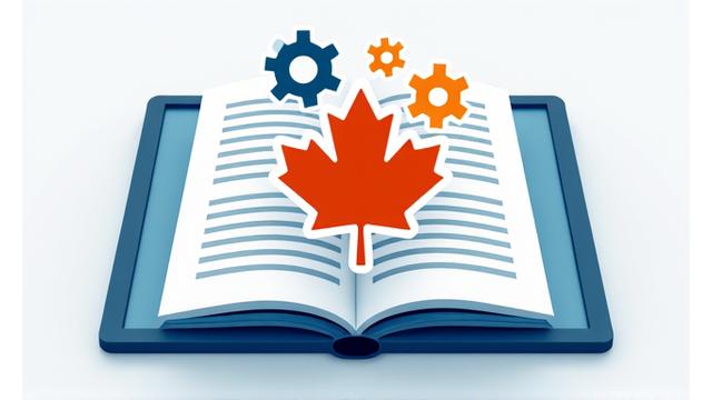 Open book with gears and Canadian flag icon, symbolizing a grant guide
