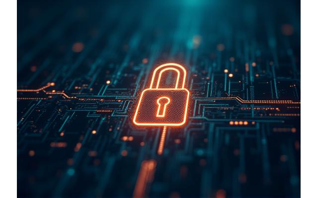 Cybersecurity padlock icon overlaid on a network of data points, symbolizing protection and secure data flow.