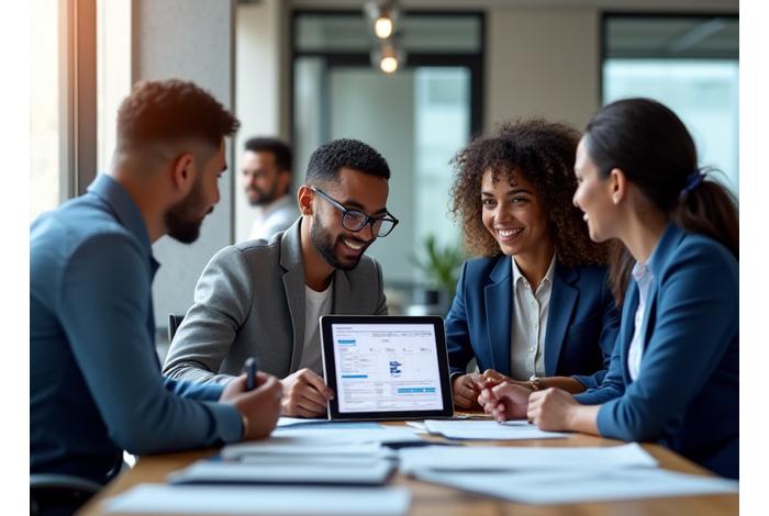 A professional, diverse team collaborating around a table, looking at documents and digital screens, symbolizing efficient project management and implementation of strategic plans.