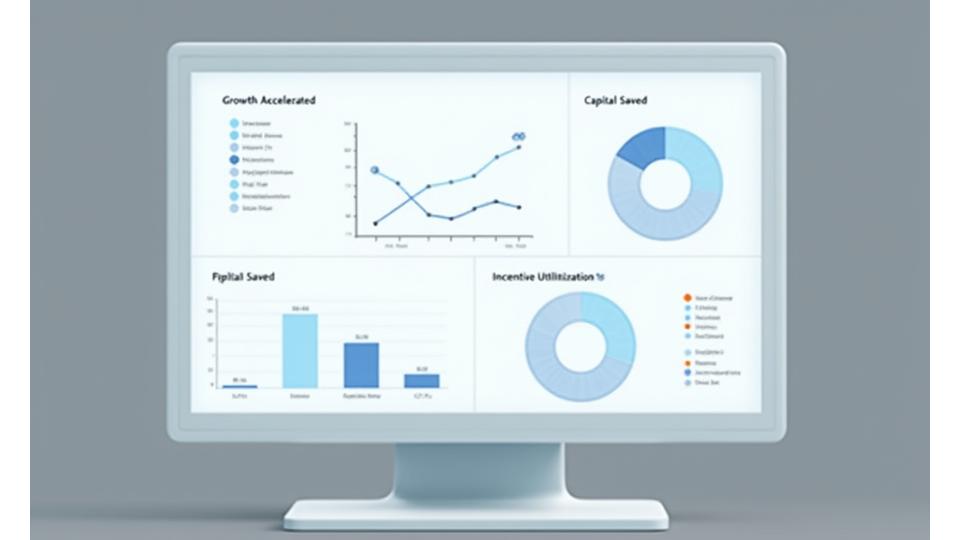 A detailed digital dashboard displaying various financial KPIs, charts, and graphs related to return on investment and strategic impact, featuring metrics like 'Capital Saved', 'Growth Accelerated', and 'Incentive Utilization'.