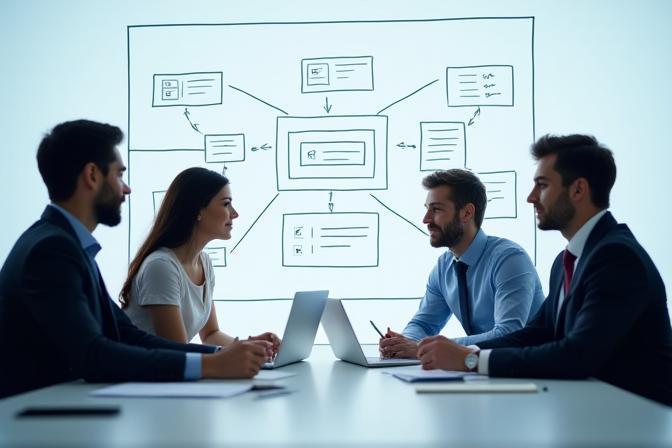 Team of financial consultants collaborating on a complex application process diagram